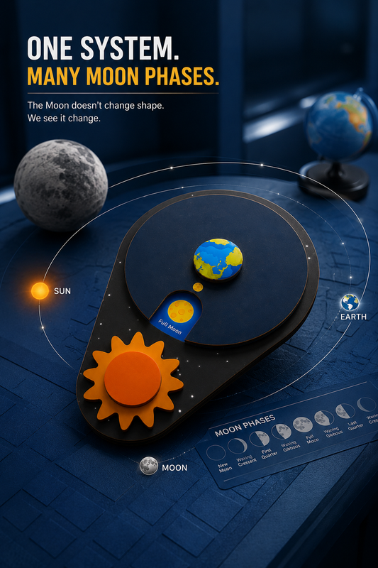 Explore Moon Phases Wooden Science Learning Toy for Kids 3+ Years | Rotating Moon Phase Model with Gear Mechanism, Earth, Sun & 8 Moon Phases | STEM Astronomy Educational Toy