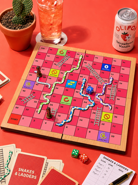 Upgraded Snakes & Ladders Board Game | Foldable Wooden Travel Game with Action Blocks | Family Board Game