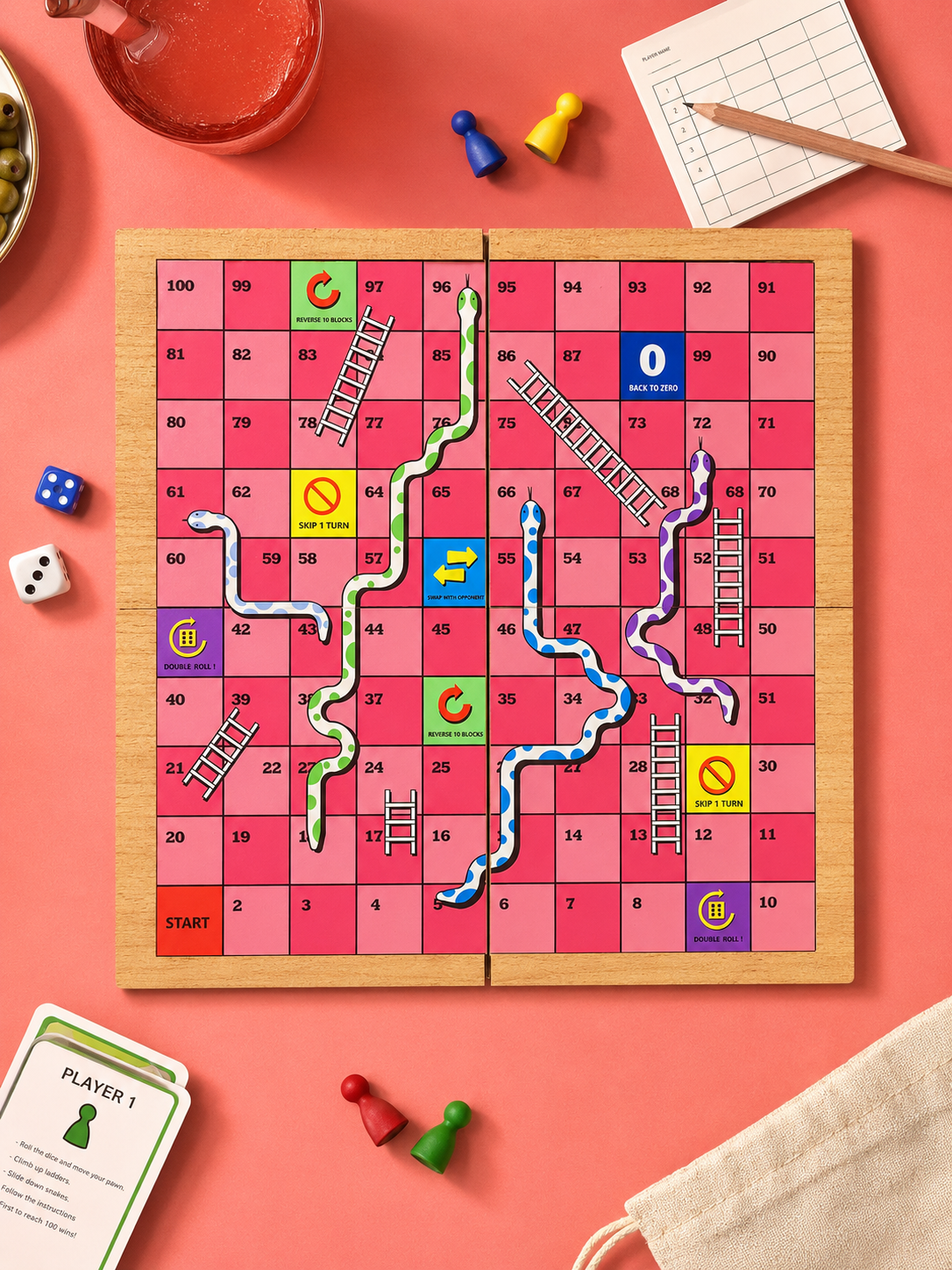 Upgraded Snakes & Ladders Board Game | Foldable Wooden Travel Game with Action Blocks | Family Board Game
