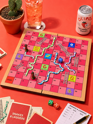 Upgraded Snakes & Ladders Board Game | Foldable Wooden Travel Game with Action Blocks | Family Board Game