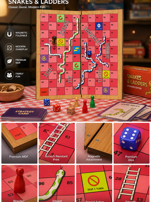 Upgraded Snakes & Ladders Board Game | Foldable Wooden Travel Game with Action Blocks | Family Board Game
