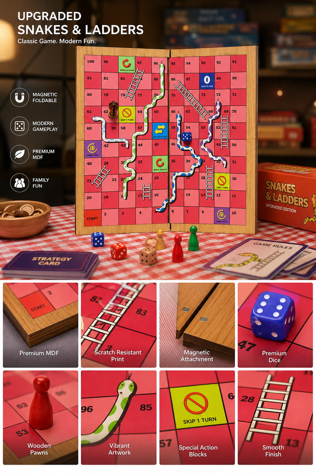 Upgraded Snakes & Ladders Board Game | Foldable Wooden Travel Game with Action Blocks | Family Board Game