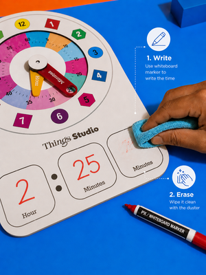 Kids Learning Clock Wooden Toy for Toddlers | Montessori Time Teaching Board | Learn Hours & Minutes | Reusable Whiteboard Educational Toy | Things Studio
