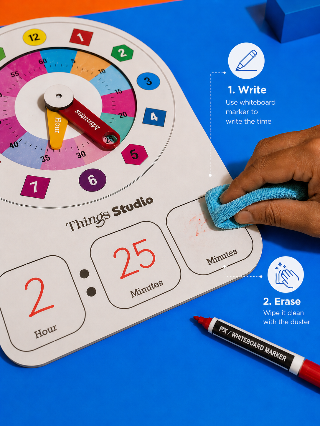 Kids Learning Clock Wooden Toy for Toddlers | Montessori Time Teaching Board | Learn Hours & Minutes | Reusable Whiteboard Educational Toy | Things Studio