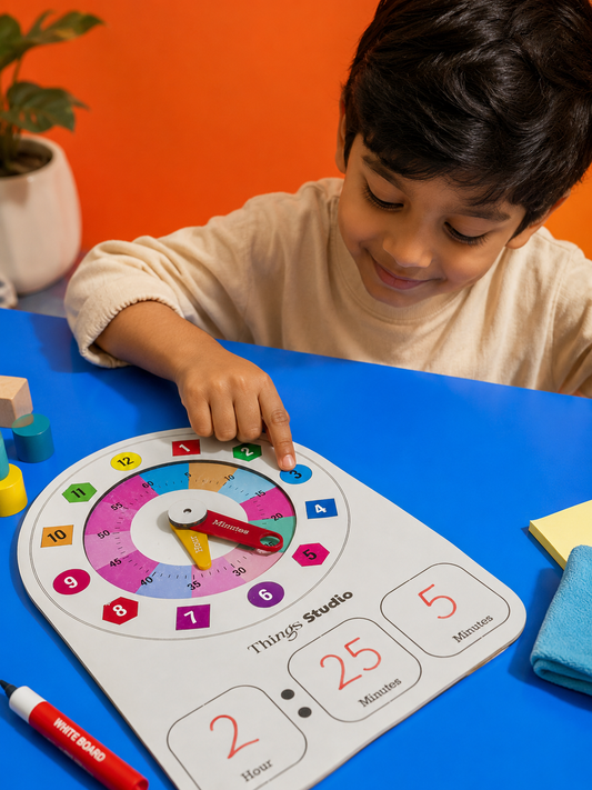 Kids Learning Clock Wooden Toy for Toddlers | Montessori Time Teaching Board | Learn Hours & Minutes | Reusable Whiteboard Educational Toy | Things Studio