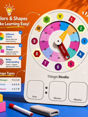 Kids Learning Clock Wooden Toy for Toddlers | Montessori Time Teaching Board | Learn Hours & Minutes | Reusable Whiteboard Educational Toy | Things Studio