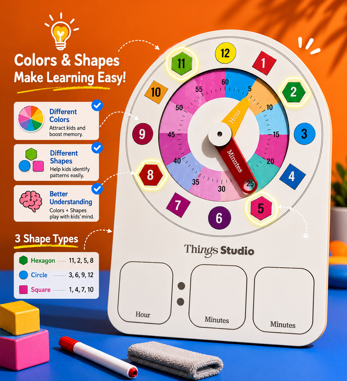 Kids Learning Clock Wooden Toy for Toddlers | Montessori Time Teaching Board | Learn Hours & Minutes | Reusable Whiteboard Educational Toy | Things Studio