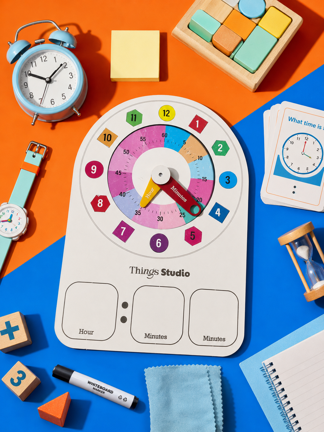 Kids Learning Clock Wooden Toy for Toddlers | Montessori Time Teaching Board | Learn Hours & Minutes | Reusable Whiteboard Educational Toy | Things Studio