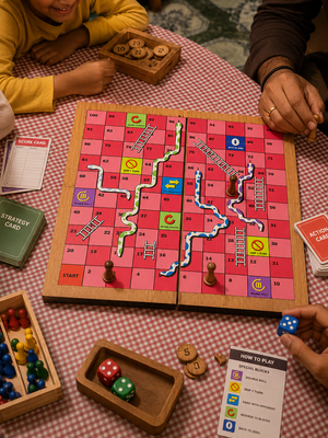 Upgraded Snakes & Ladders Board Game | Foldable Wooden Travel Game with Action Blocks | Family Board Game