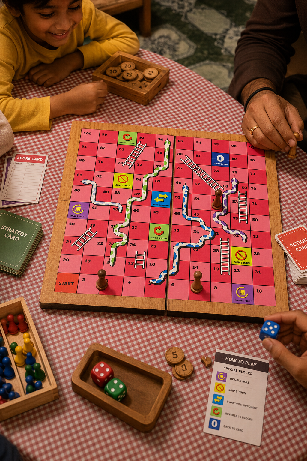 Upgraded Snakes & Ladders Board Game | Foldable Wooden Travel Game with Action Blocks | Family Board Game