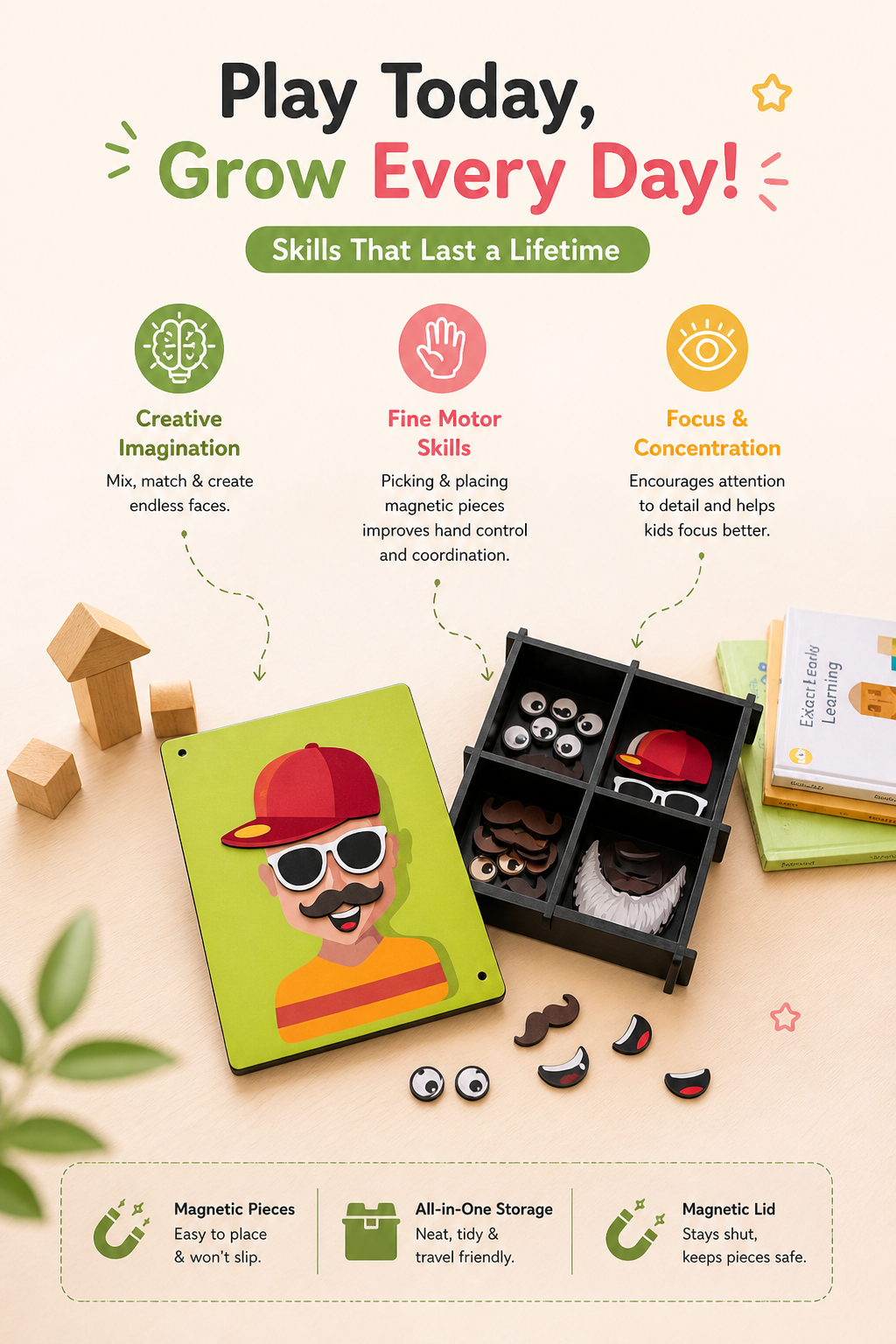 Mix Match Face Builder | Magnetic Face Matching Game for Kids | Mix & Match Character Builder Toy with Magnetic Pieces & Storage Box | Funny Expressions Learning Activity for Toddlers & Preschool Boys & Girls 4+ Years