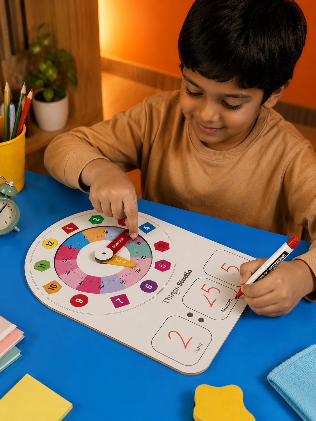 Kids Learning Clock Wooden Toy for Toddlers | Montessori Time Teaching Board | Learn Hours & Minutes | Reusable Whiteboard Educational Toy | Things Studio