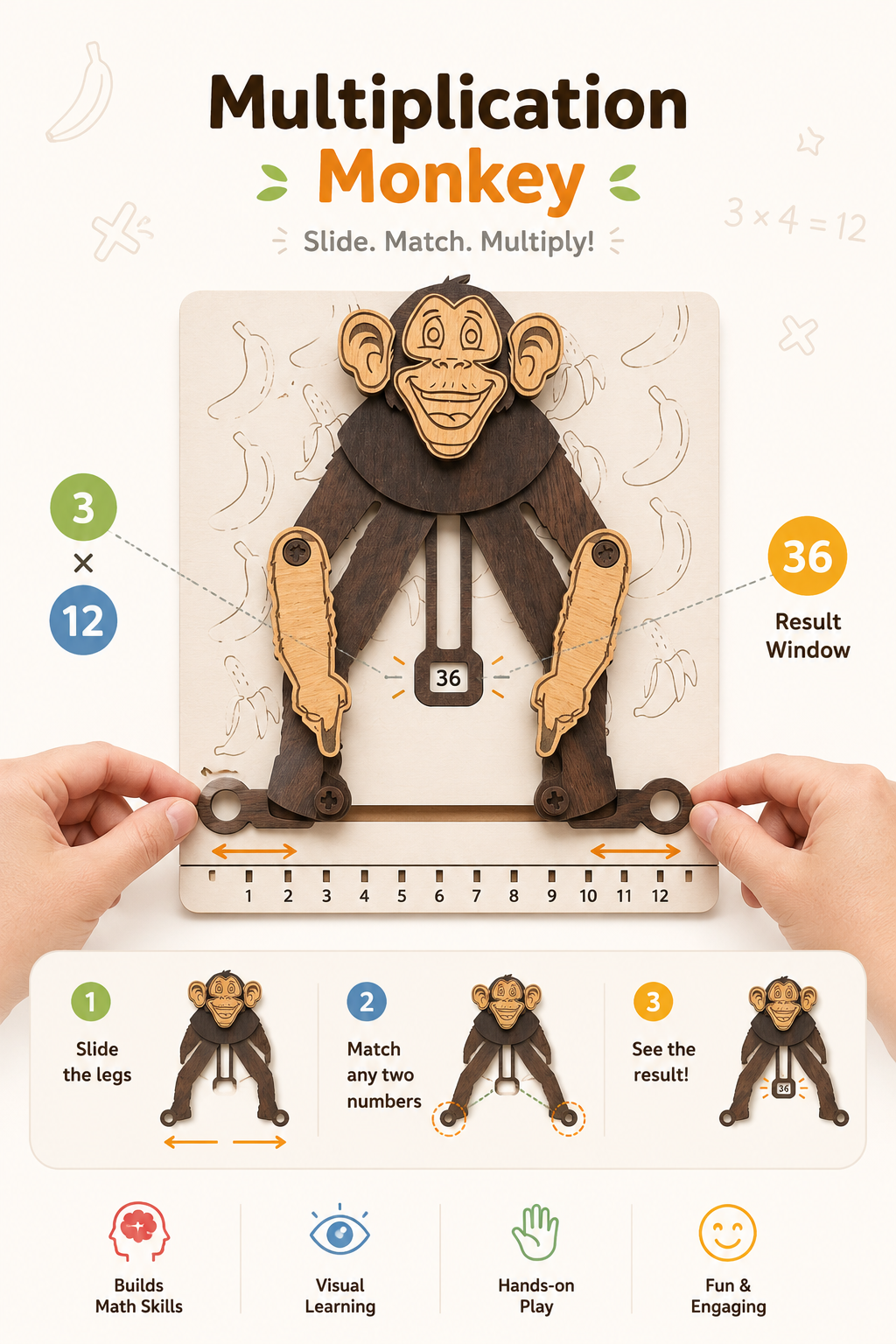Multiplication Monkey | Interactive Wooden Multiplication Learning Toy for Kids | Montessori Math Board | STEM Educational Game