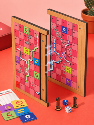 Upgraded Snakes & Ladders Board Game | Foldable Wooden Travel Game with Action Blocks | Family Board Game
