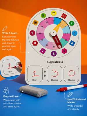 Kids Learning Clock Wooden Toy for Toddlers | Montessori Time Teaching Board | Learn Hours & Minutes | Reusable Whiteboard Educational Toy | Things Studio