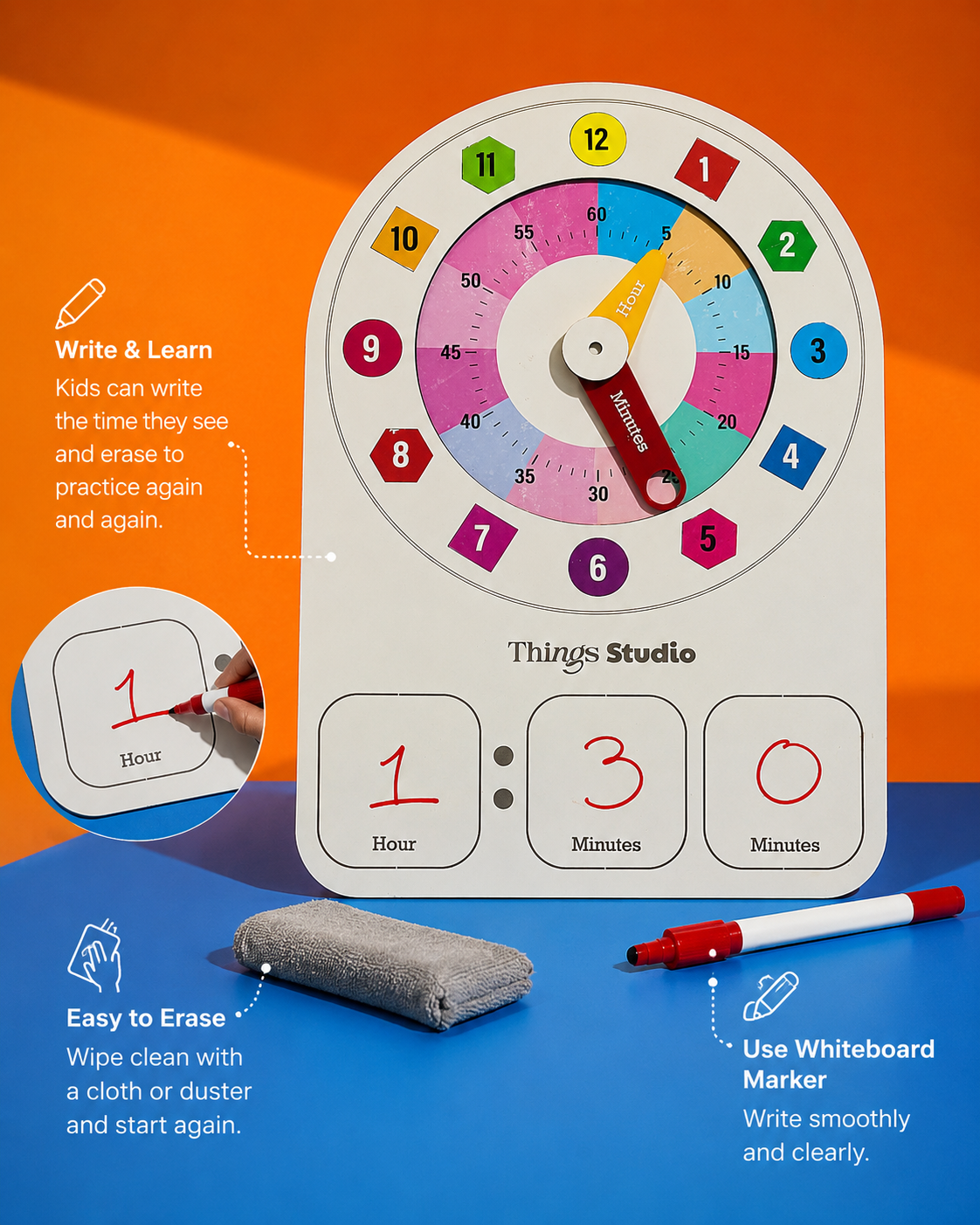 Kids Learning Clock Wooden Toy for Toddlers | Montessori Time Teaching Board | Learn Hours & Minutes | Reusable Whiteboard Educational Toy | Things Studio