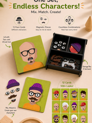 Mix Match Face Builder | Magnetic Face Matching Game for Kids | Mix & Match Character Builder Toy with Magnetic Pieces & Storage Box | Funny Expressions Learning Activity for Toddlers & Preschool Boys & Girls 4+ Years