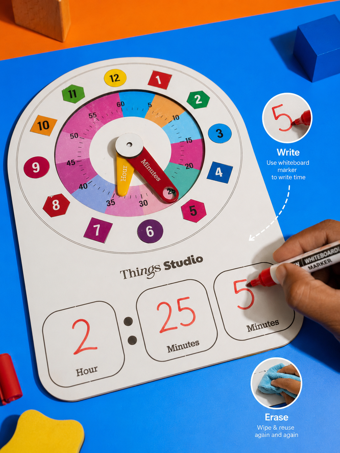 Kids Learning Clock Wooden Toy for Toddlers | Montessori Time Teaching Board | Learn Hours & Minutes | Reusable Whiteboard Educational Toy | Things Studio