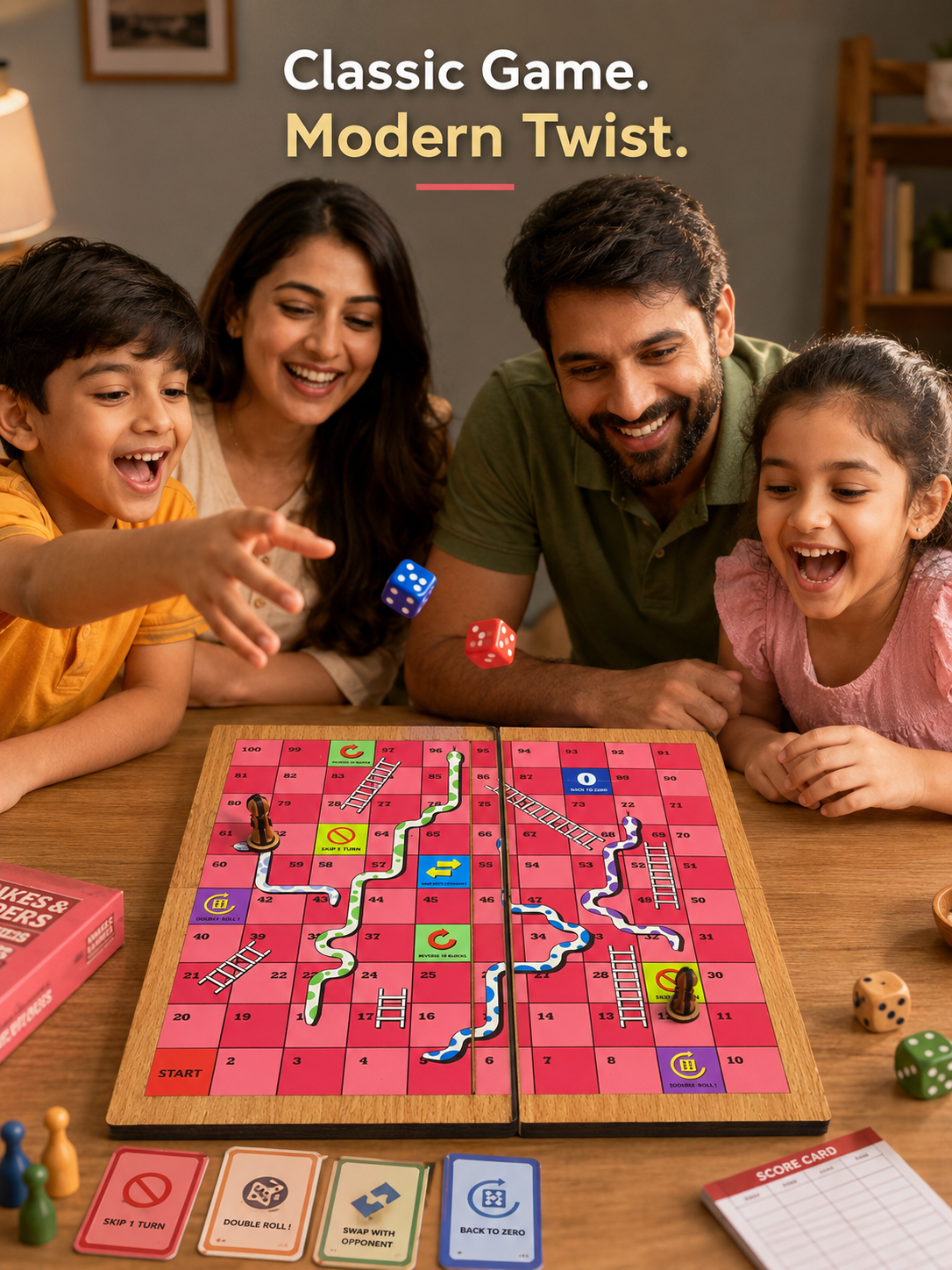 Upgraded Snakes & Ladders Board Game | Foldable Wooden Travel Game with Action Blocks | Family Board Game