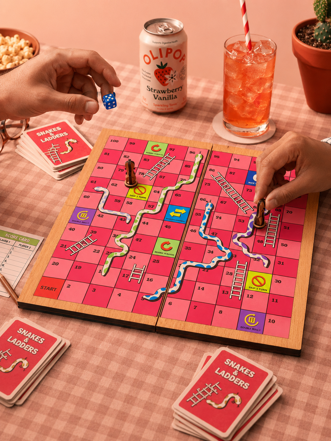 Upgraded Snakes & Ladders Board Game | Foldable Wooden Travel Game with Action Blocks | Family Board Game