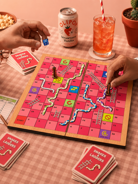 Upgraded Snakes & Ladders Board Game | Foldable Wooden Travel Game with Action Blocks | Family Board Game